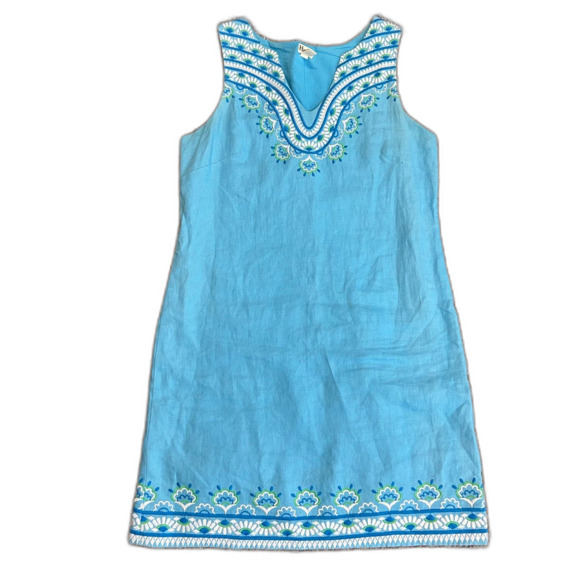 Hatley Portia Turquoise Blue Linen Daisy Embroidered Sleeveless Shift Dress Sz S - Picture 1 of 14